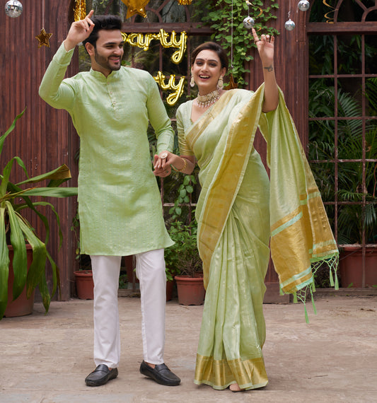 Bansari Mishri Pista Green Couple set Saree with Kurta