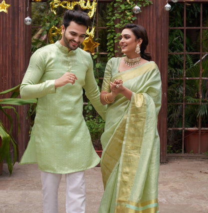 Bansari Mishri Pista Green Couple set Saree with Kurta