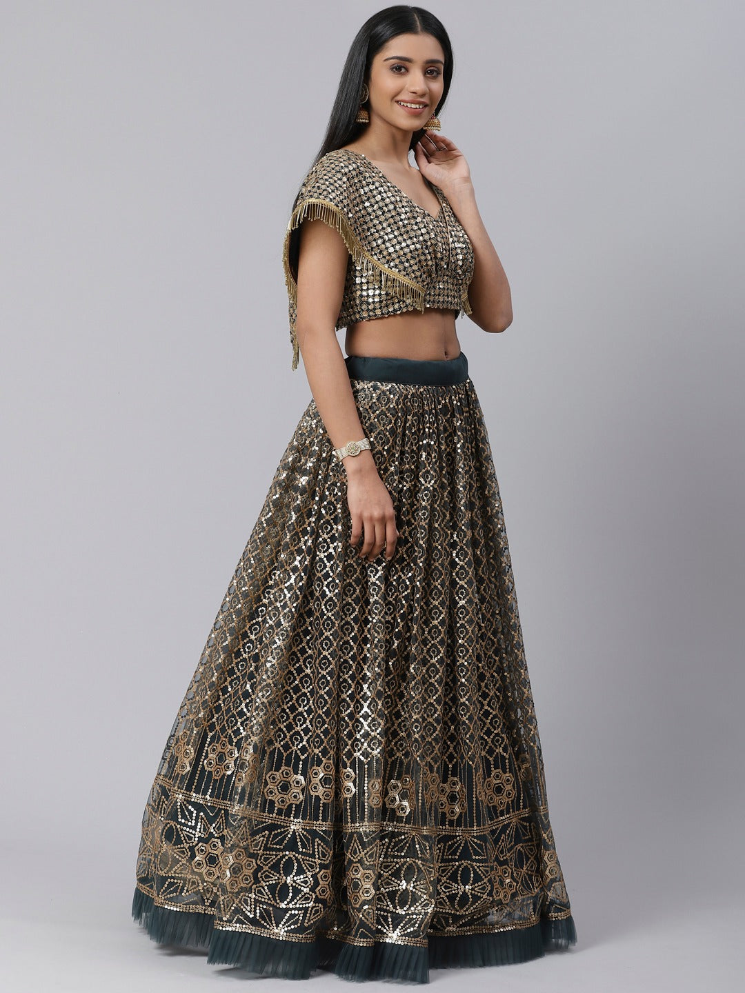 Green & Golden Embroidered Wedding Semi-Stitch Lehenga Choli