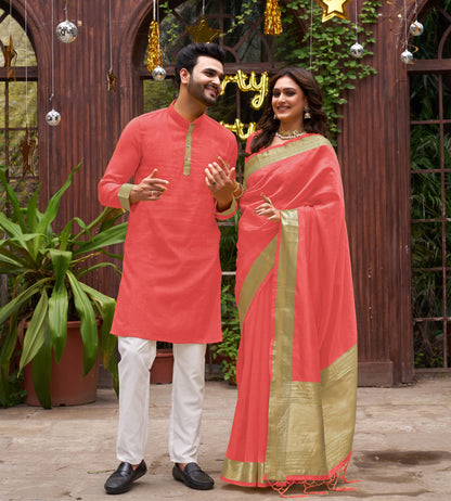 Coral Silk Couple Wear Saree with Kurta