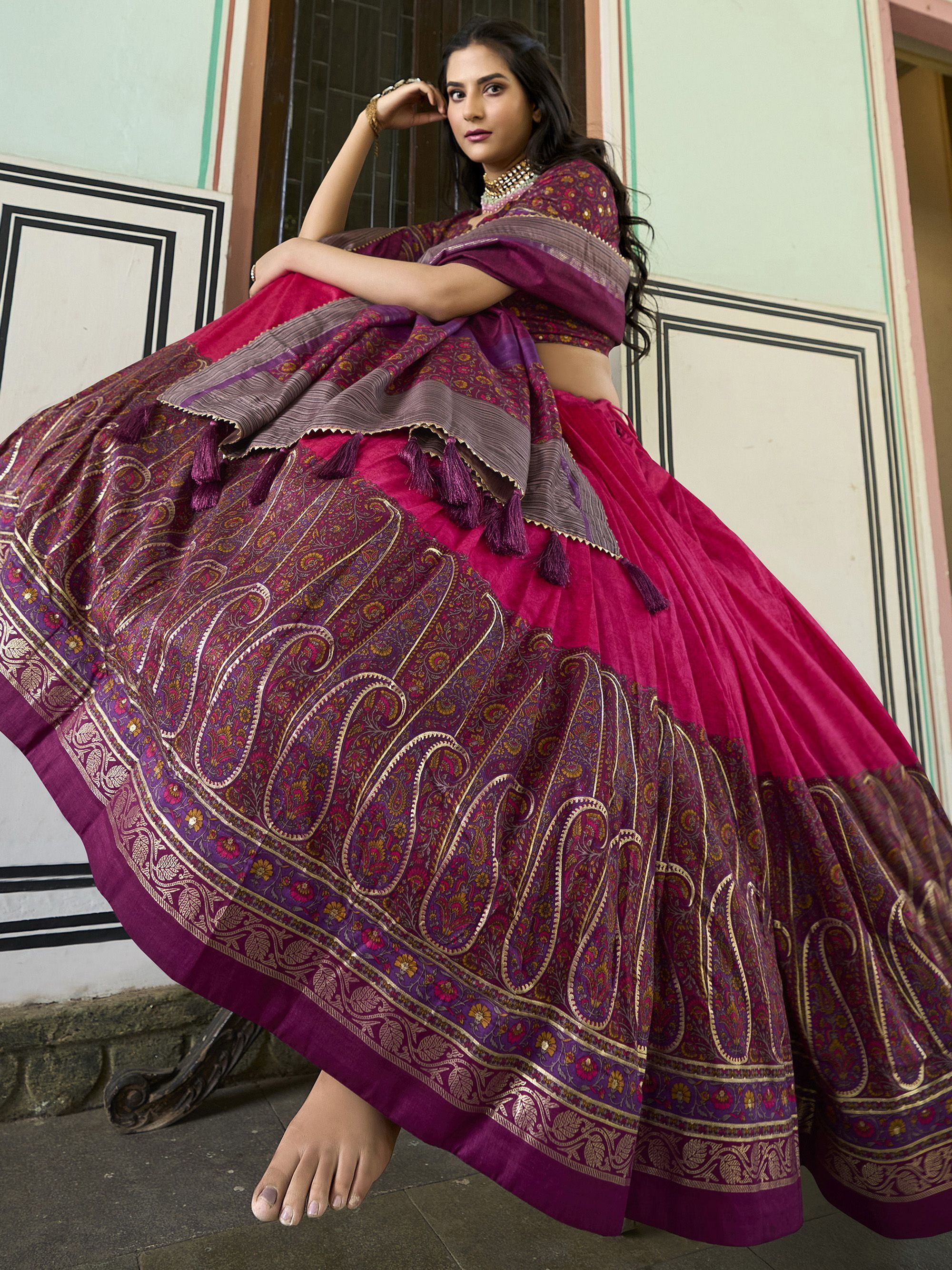 Pink & Purple Foil Printed Silk Lehenga Choli For Garba