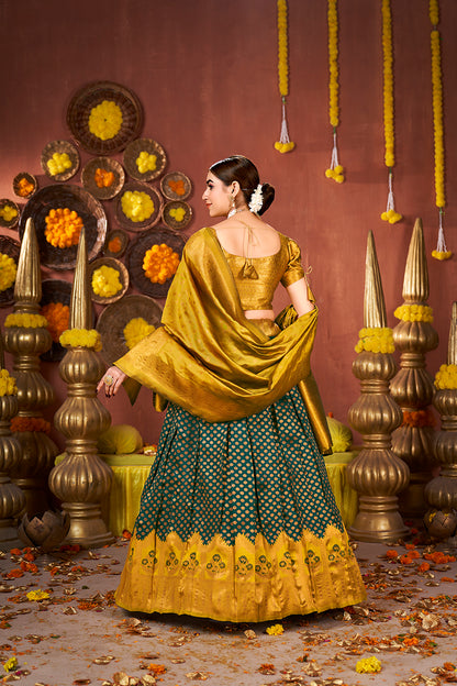 Green & Mustard Banarasi Silk Half Saree Lehenga Choli