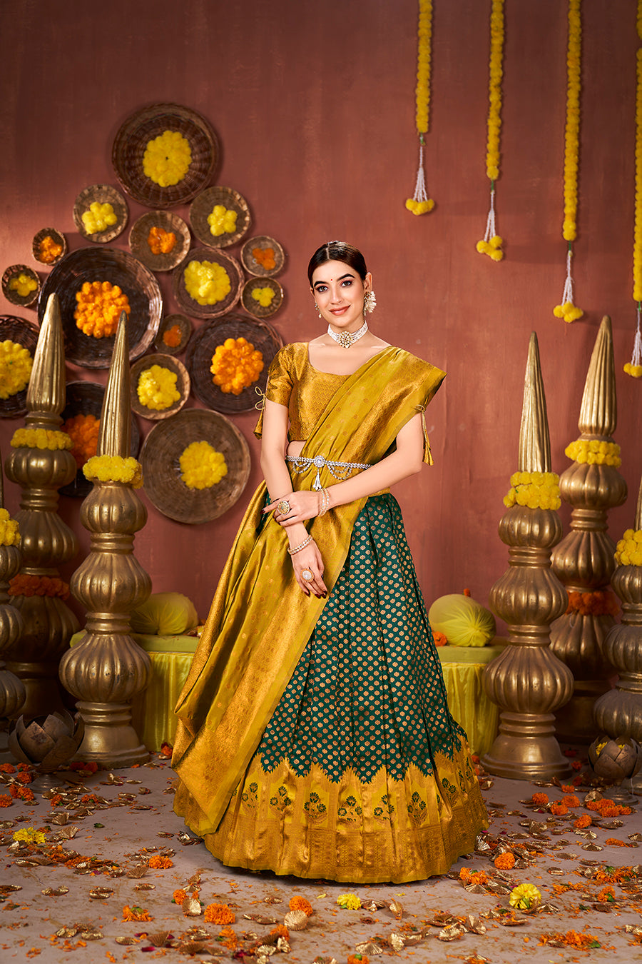Green & Mustard Banarasi Silk Half Saree Lehenga Choli