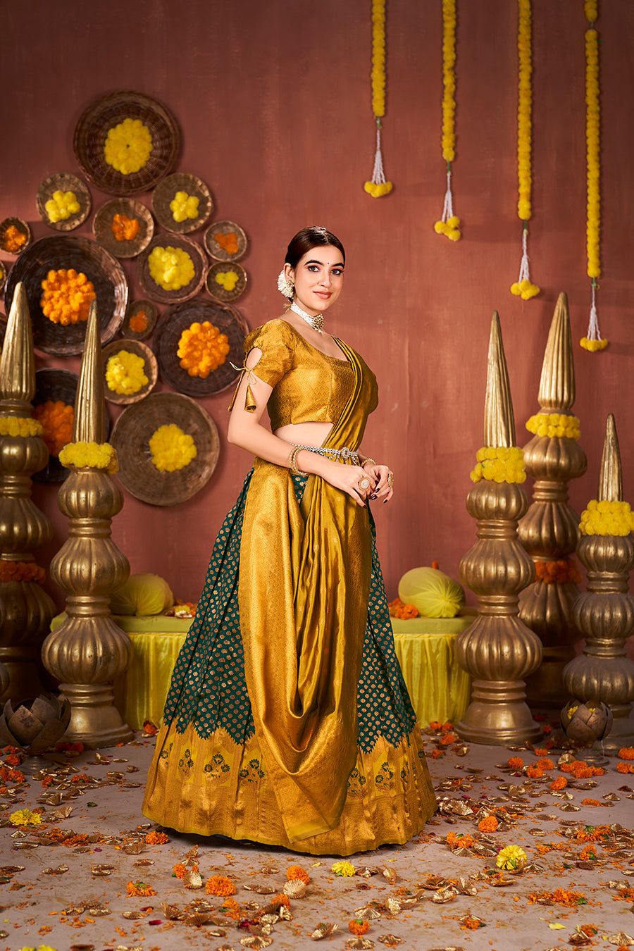 Green & Mustard Banarasi Silk Half Saree Lehenga Choli