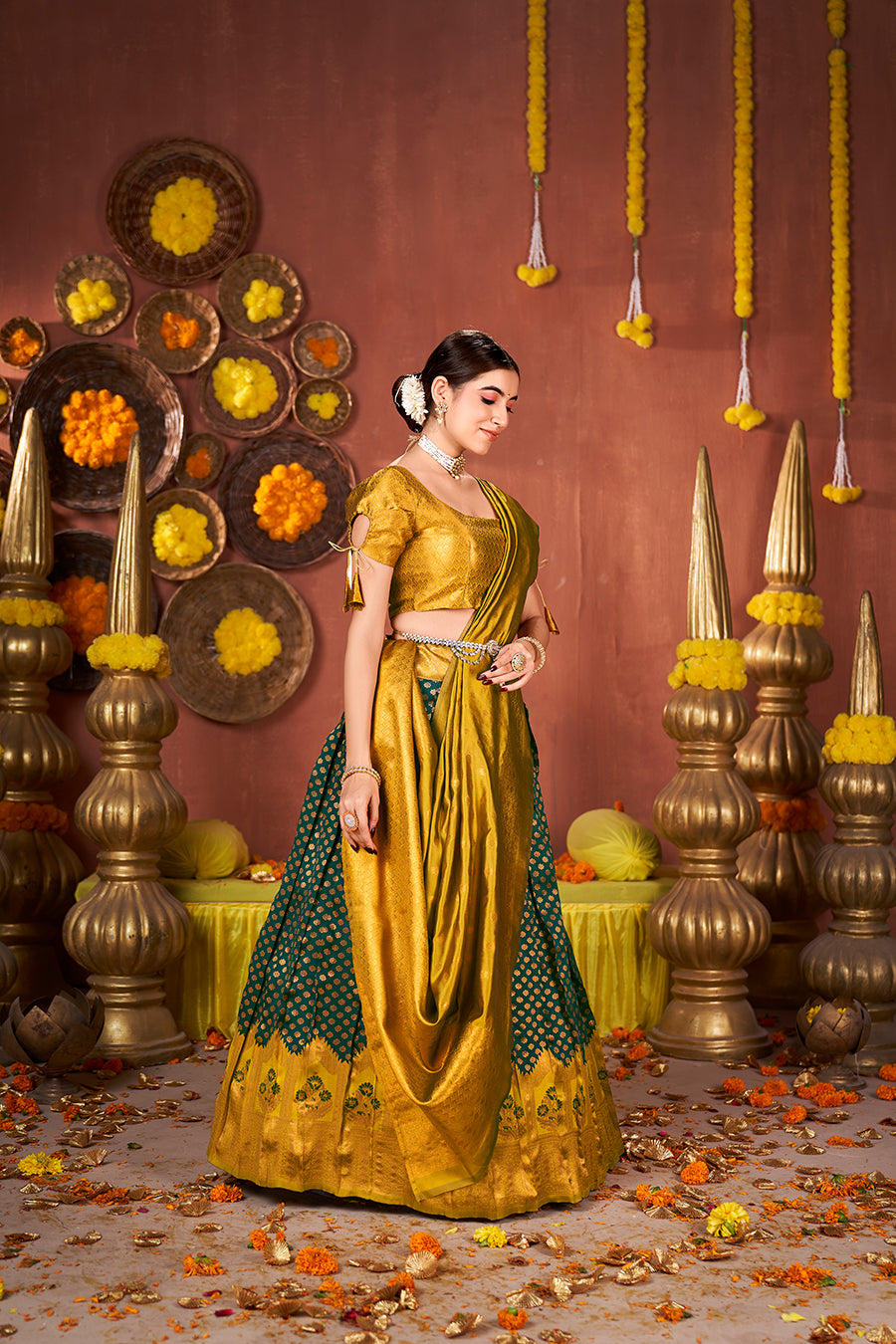 Green & Mustard Banarasi Silk Half Saree Lehenga Choli