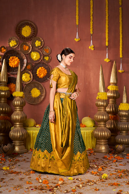 Green & Mustard Banarasi Silk Half Saree Lehenga Choli