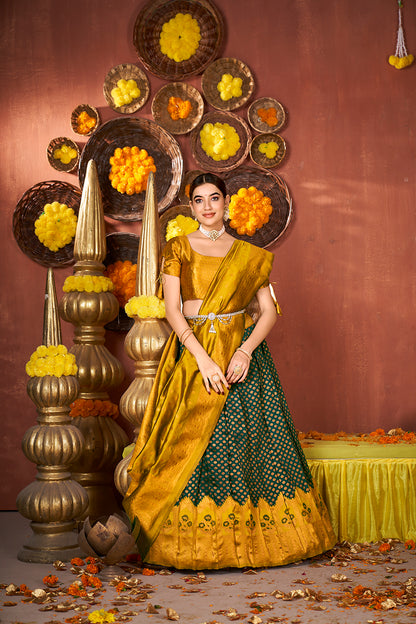 Green & Mustard Banarasi Silk Half Saree Lehenga Choli