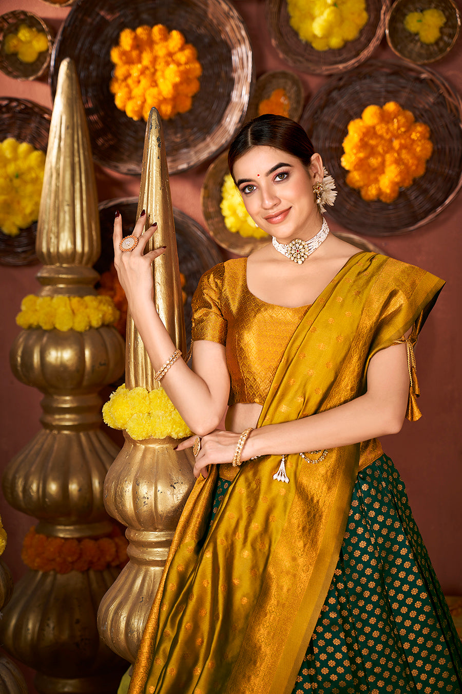 Green & Mustard Banarasi Silk Half Saree Lehenga Choli