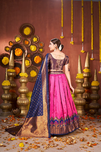 Pink & Navy Blue Banarasi Silk Half Saree Lehenga Choli