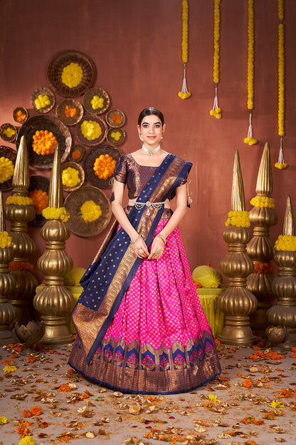 Pink & Navy Blue Banarasi Silk Half Saree Lehenga Choli