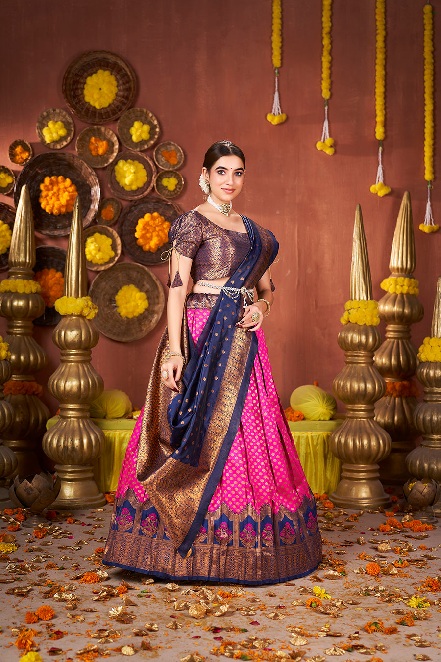 Pink & Navy Blue Banarasi Silk Half Saree Lehenga Choli