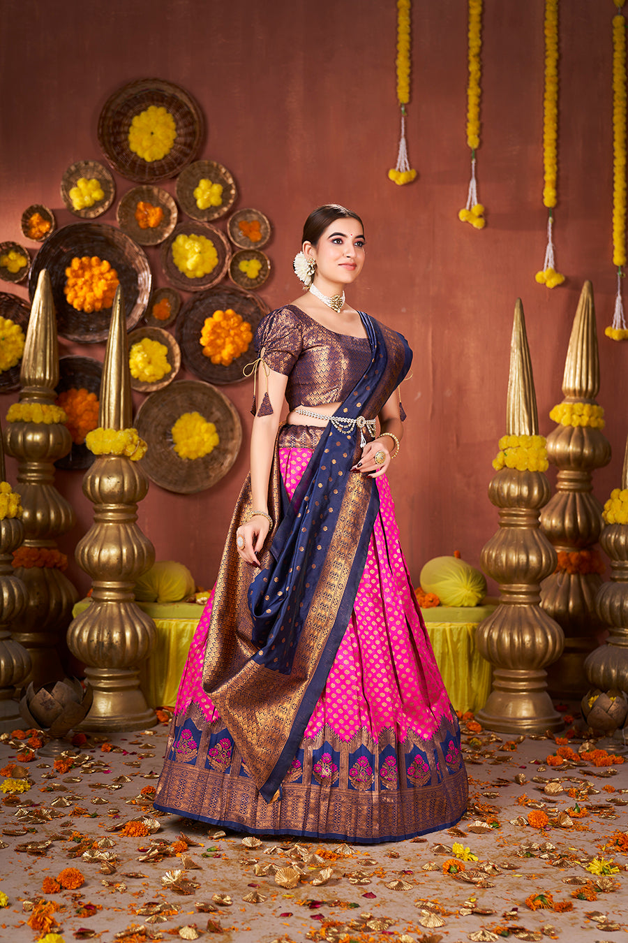 Pink & Navy Blue Banarasi Silk Half Saree Lehenga Choli