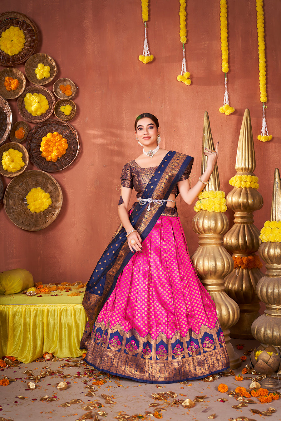 Pink & Navy Blue Banarasi Silk Half Saree Lehenga Choli