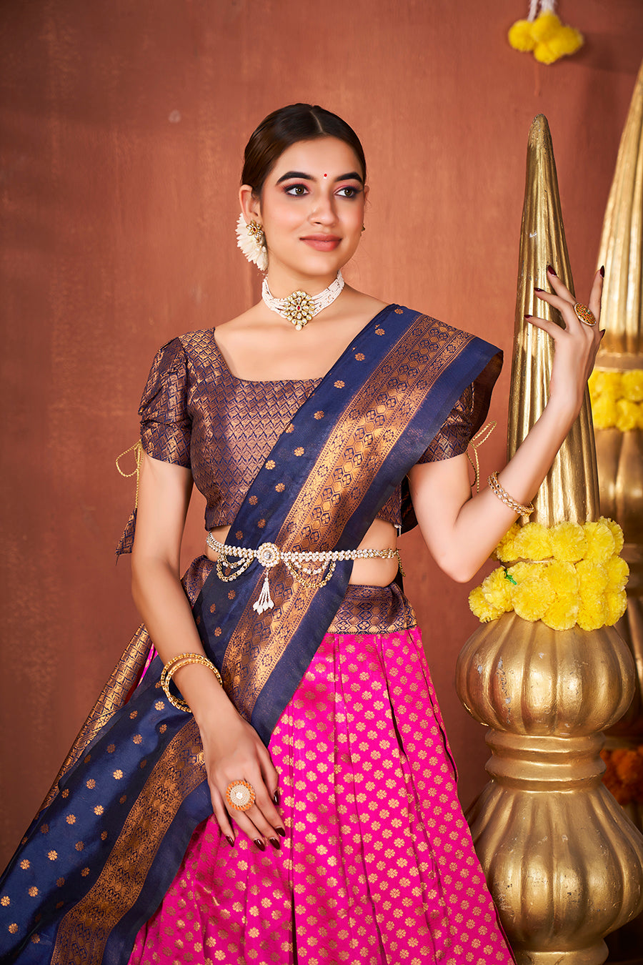 Pink & Navy Blue Banarasi Silk Half Saree Lehenga Choli