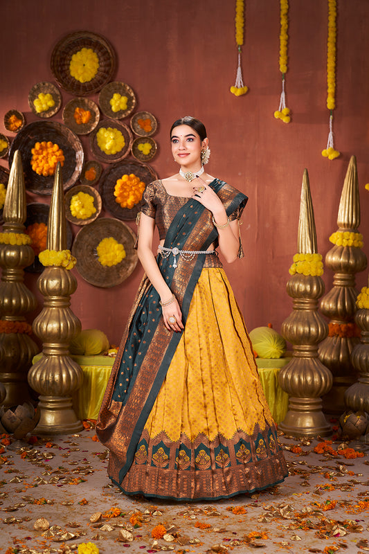 Gold Yellow & Green Banarasi Silk Half Saree Lehenga Choli