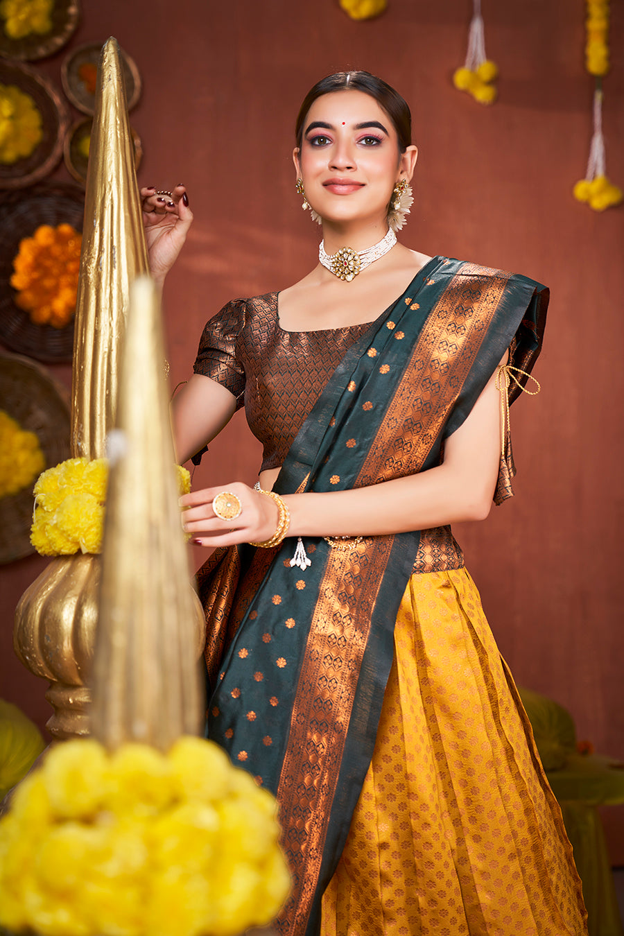 Gold Yellow & Green Banarasi Silk Half Saree Lehenga Choli