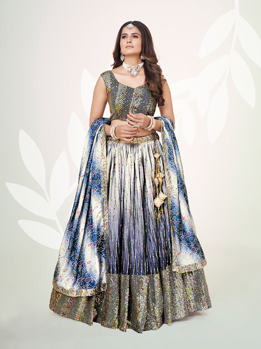 Blue & Grey Navratri Wear Chinon Silk Lehenga Choli