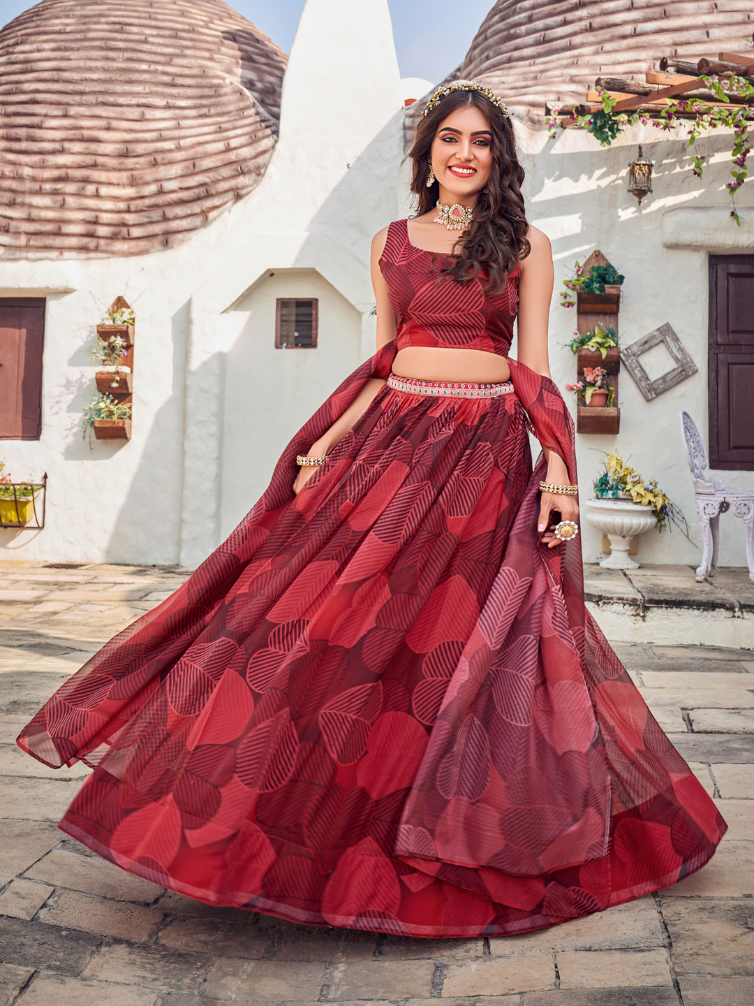 Maroon Floral Printed Blended Silk Lehenga Choli