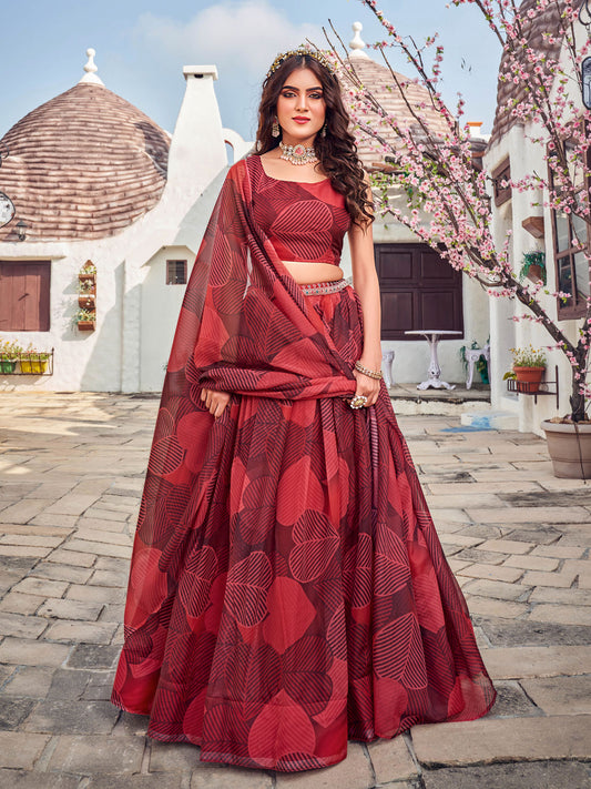 Maroon Floral Printed Blended Silk Lehenga Choli