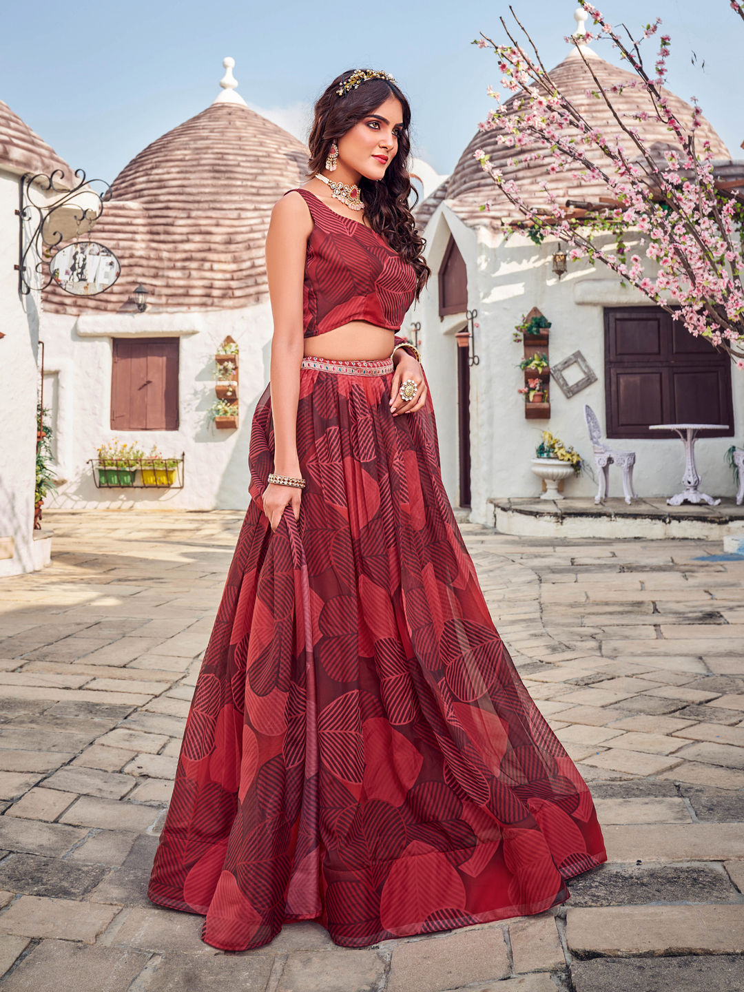 Maroon Floral Printed Blended Silk Lehenga Choli