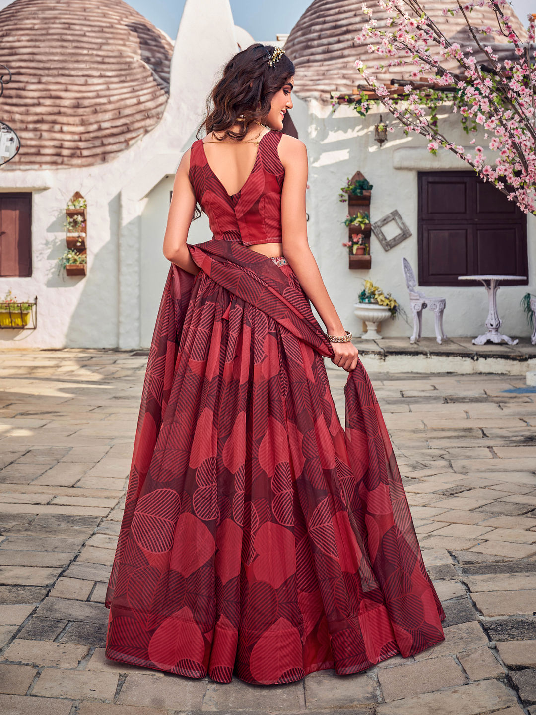 Maroon Floral Printed Blended Silk Lehenga Choli