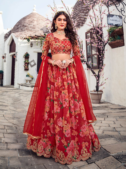Red Floral Printed Blended Silk Lehenga Choli