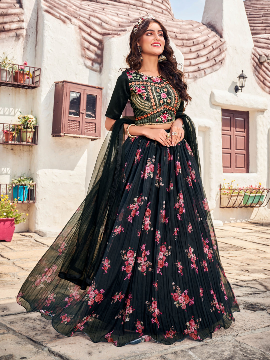 Black Floral Printed Blended Silk Lehenga Choli