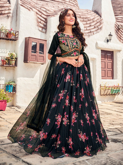 Black Floral Printed Blended Silk Lehenga Choli