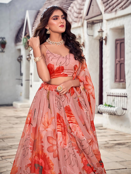 Peach Floral Printed Blended Silk Lehenga Choli