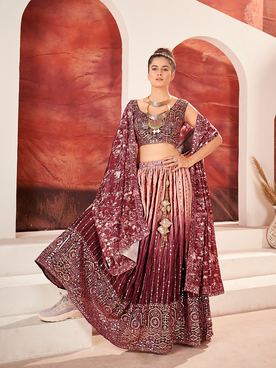 Maroon Navratri Special Chinon Silk Embroidered Lehenga Choli