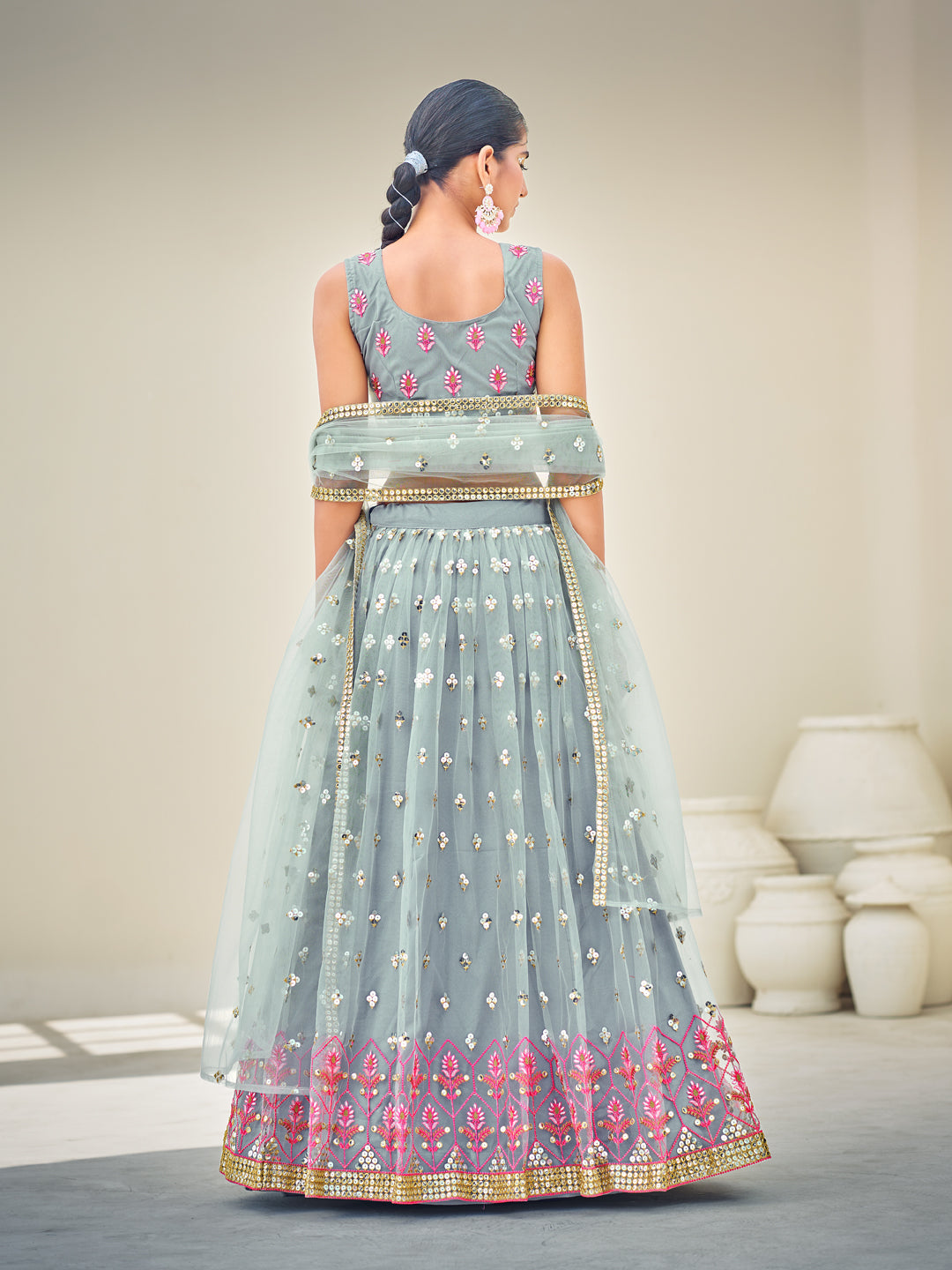 Grey & Pink Sequins Semi Stitch Lehenga Choli