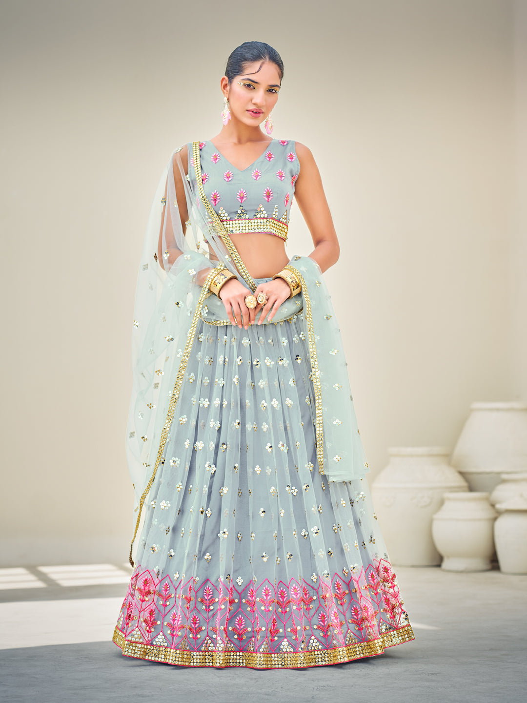 Grey & Pink Sequins Semi Stitch Lehenga Choli