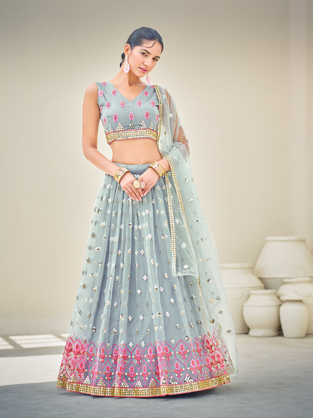 Grey & Pink Sequins Semi Stitch Lehenga Choli