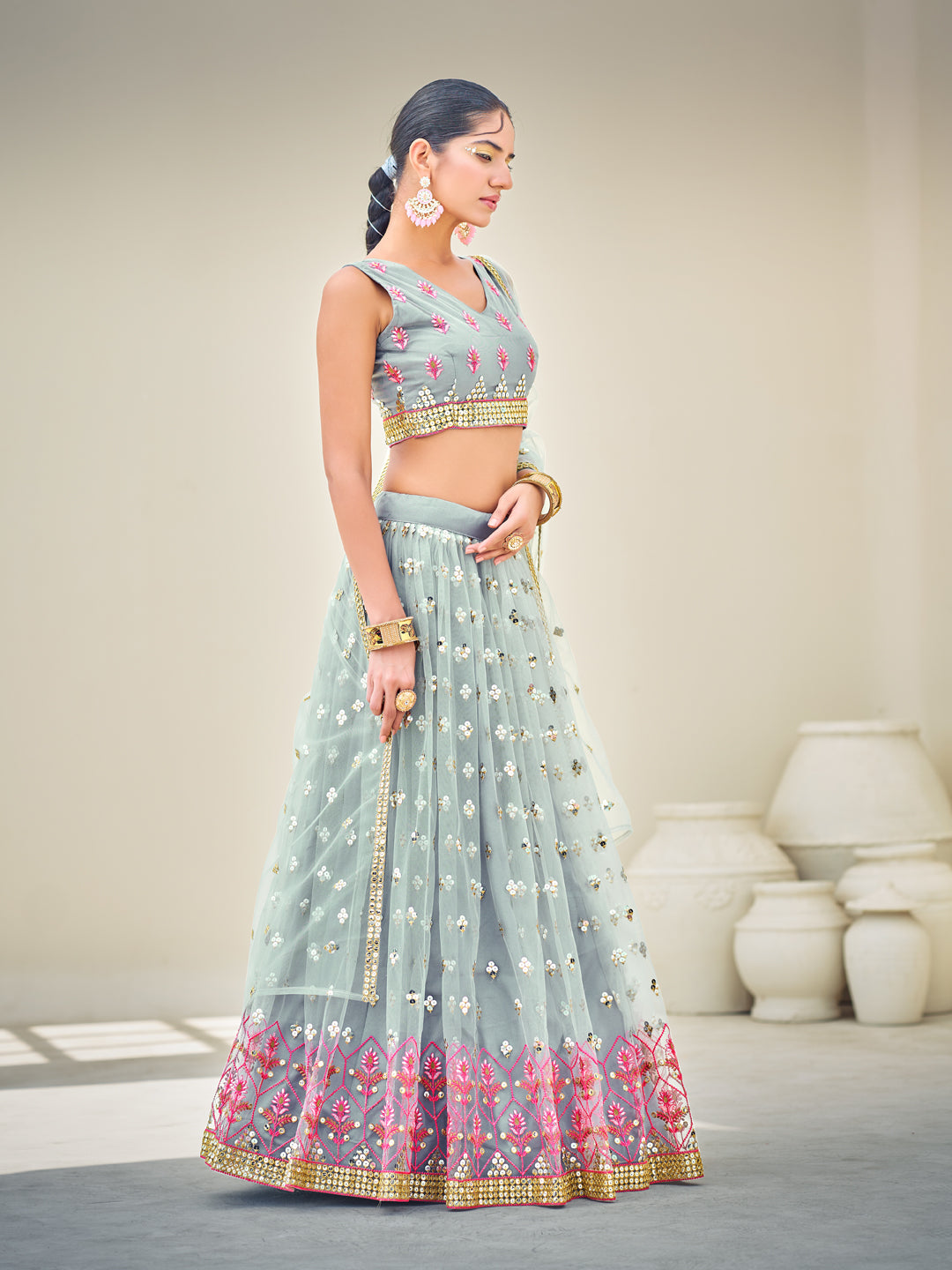 Grey & Pink Sequins Semi Stitch Lehenga Choli