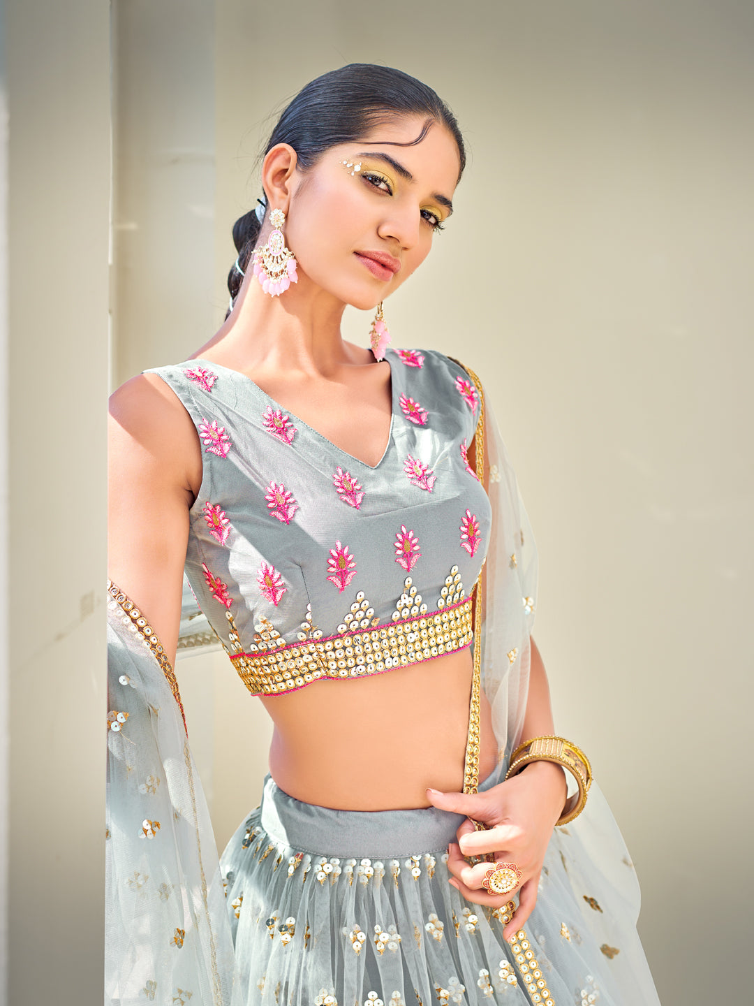 Grey & Pink Sequins Semi Stitch Lehenga Choli