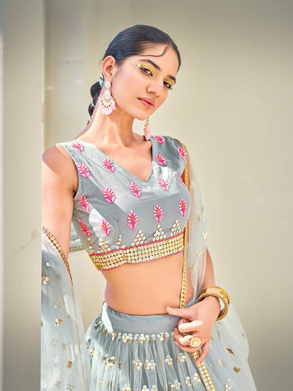 Grey & Pink Sequins Semi Stitch Lehenga Choli