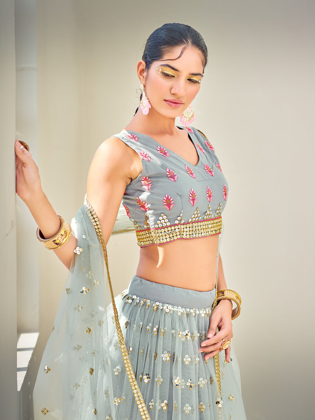 Grey & Pink Sequins Semi Stitch Lehenga Choli