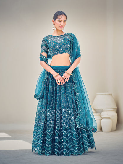 Blue Embroidered Sequined Semi-Stitched Lehenga Choli