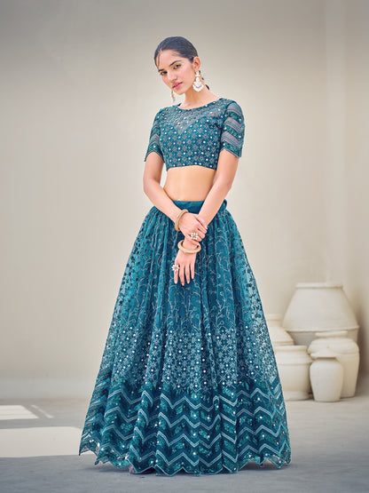 Blue Embroidered Sequined Semi-Stitched Lehenga Choli