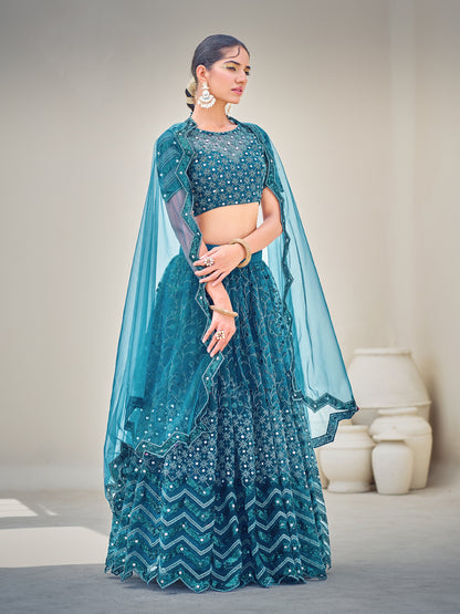 Blue Embroidered Sequined Semi-Stitched Lehenga Choli