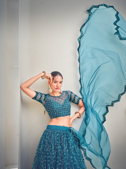Blue Embroidered Sequined Semi-Stitched Lehenga Choli