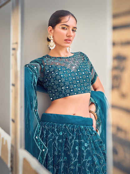 Blue Embroidered Sequined Semi-Stitched Lehenga Choli