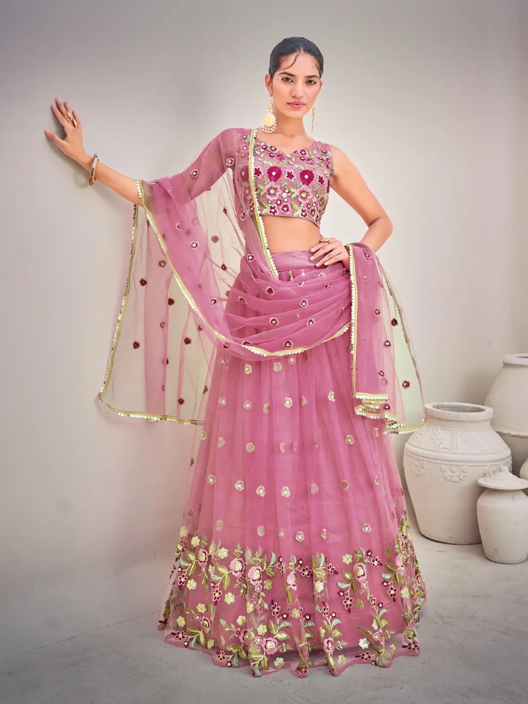 Light Pink Sequins Semi Stitch Lehenga Choli