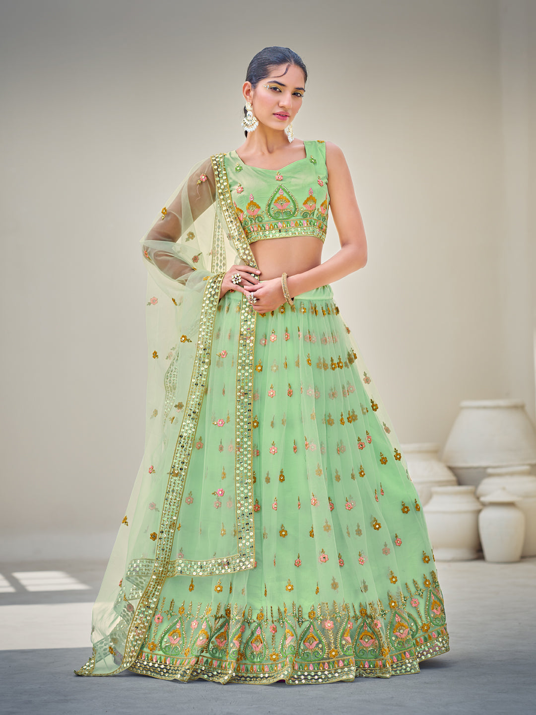 Light Green Sequins Semi Stitch Lehenga Choli