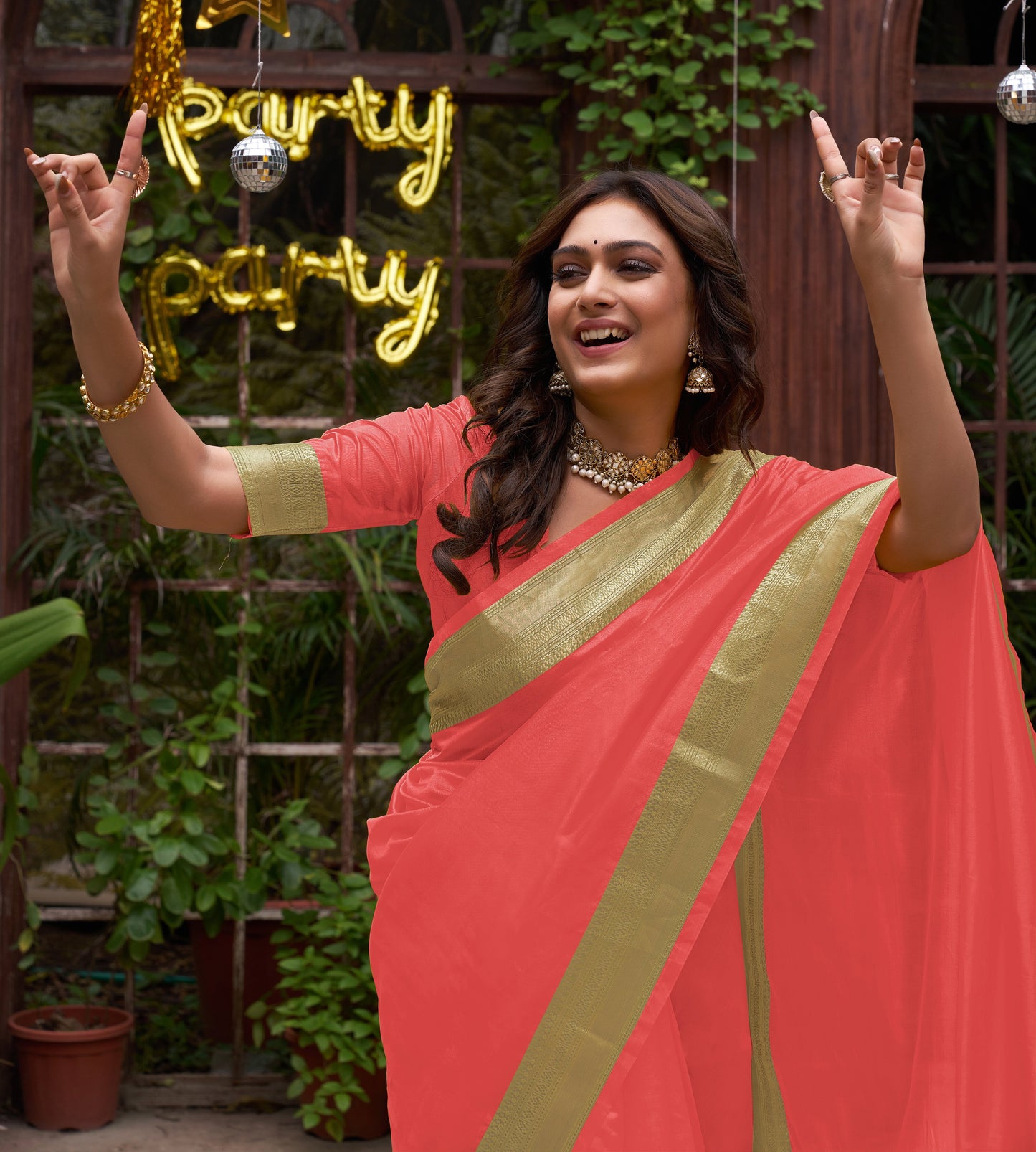 Coral Silk Couple Wear Saree with Kurta