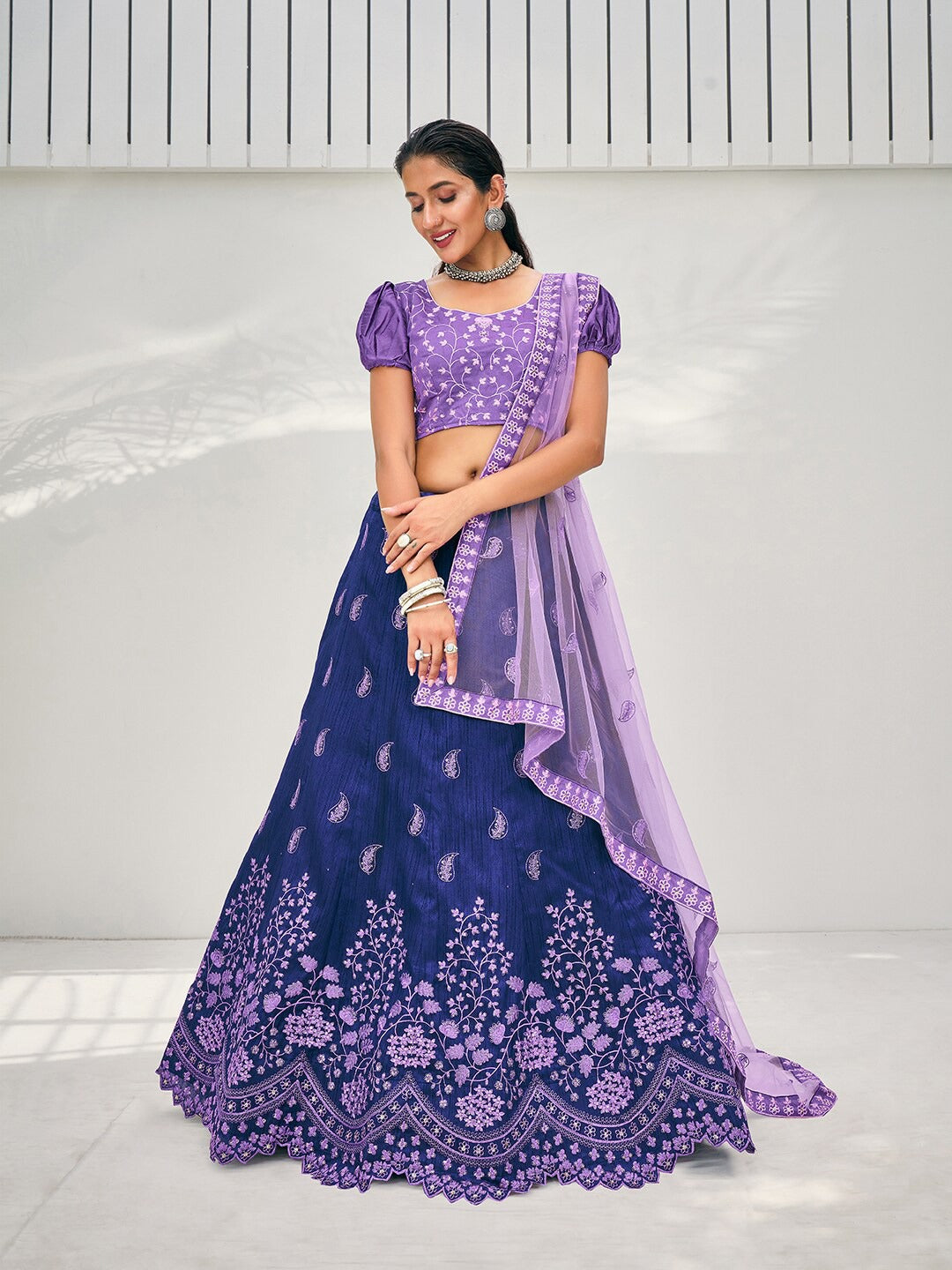 Blue & Purple Embroidered Semi-Stitched Lehenga & Unstitched Blouse With Dupatta