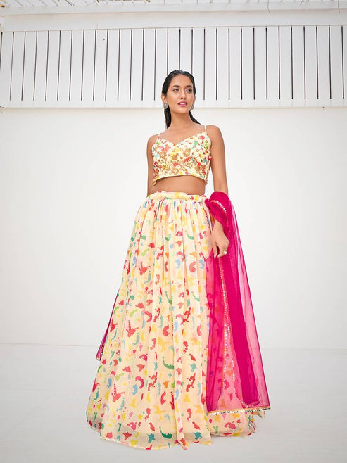 Cream & Pink Floral Printed Blended Silk Lehenga Choli