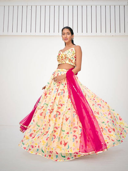Cream & Pink Floral Printed Blended Silk Lehenga Choli
