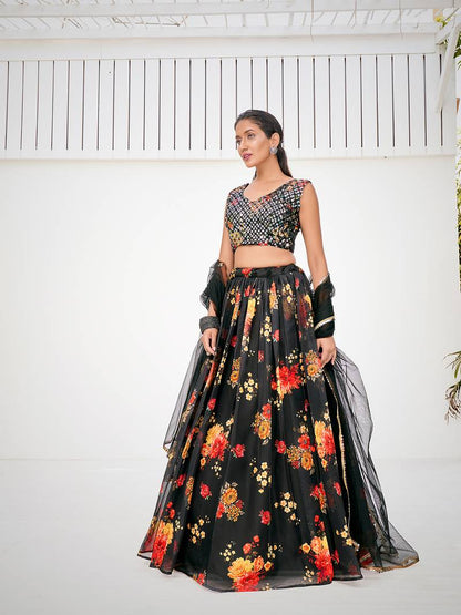 Kohl Black Floral Printed Blended Silk Lehenga Choli