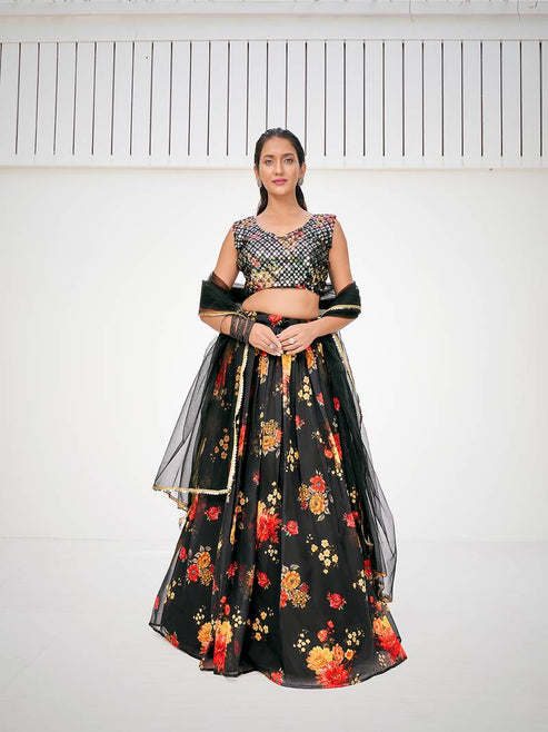 Kohl Black Floral Printed Blended Silk Lehenga Choli
